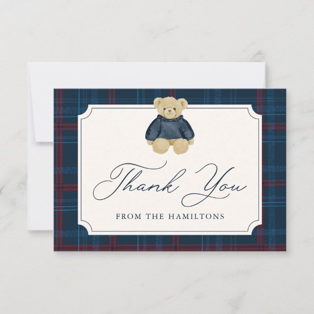 Carte De Remerciements Preppy Navy Plaid Teddy Bear Baby Shower (Devant)