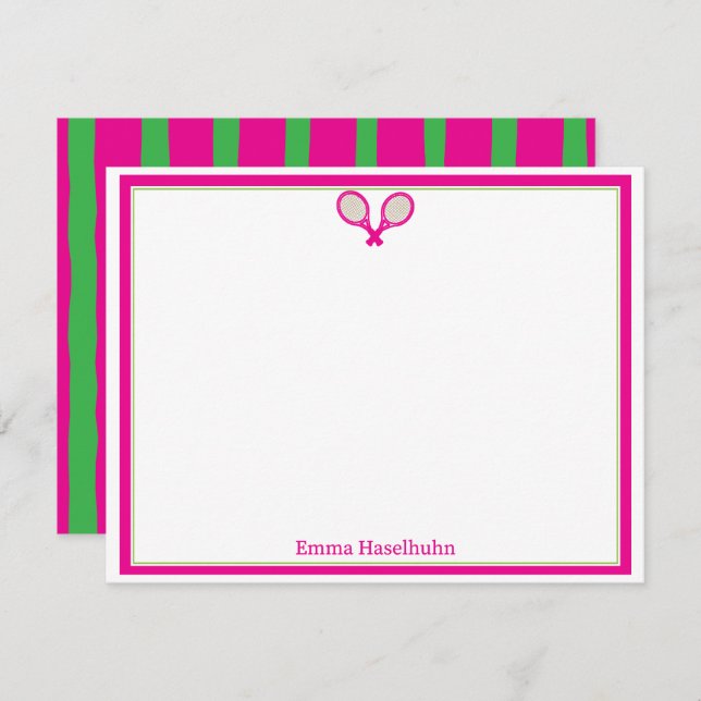 Carte De Remerciements Preppy Pink & Green Tennis Flat Card Stationary  (Devant / Derrière)