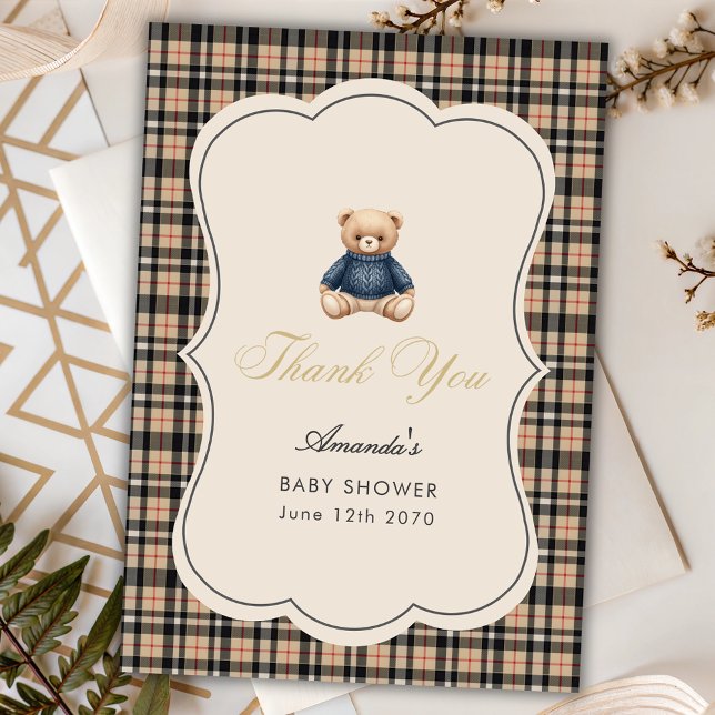 Carte De Remerciements Preppy Polo Teddy Bear Luxury Beige Baby Shower (Créateur téléchargé)