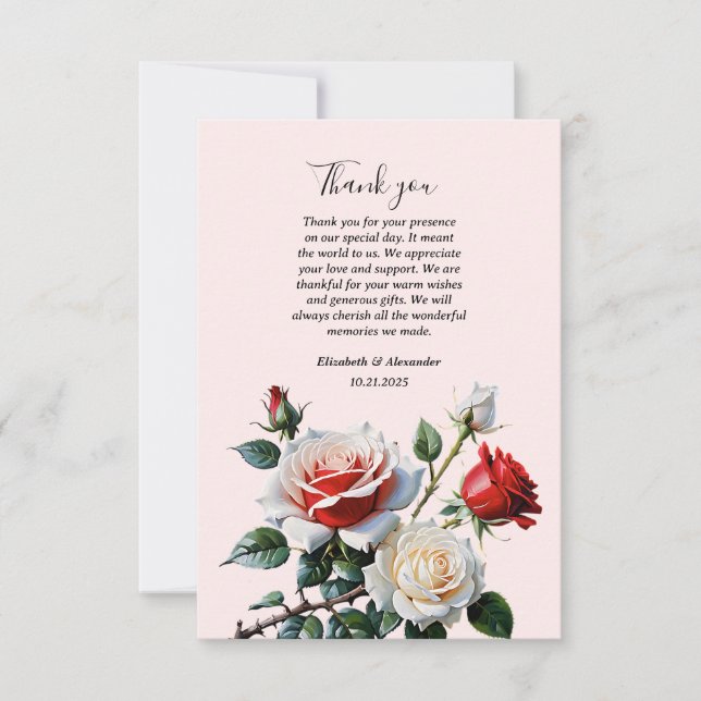 Carte De Remerciements Pretty pink white red roses floral wedding  (Devant)