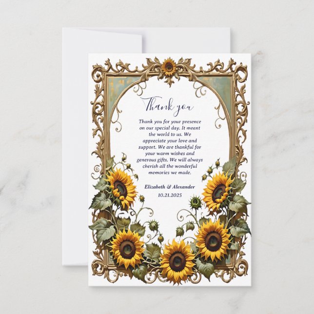 Carte De Remerciements Pretty Yellow sunflower with art frame wedding  (Devant)