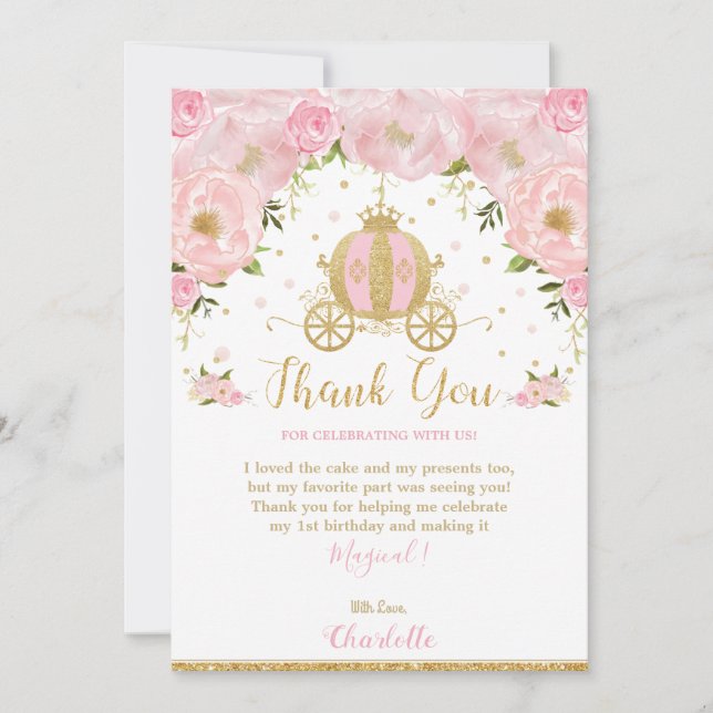 Carte De Remerciements Princess Birthday Party Carriage Rose Floral Gold (Devant)
