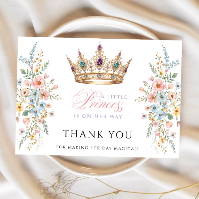 Carte De Remerciements Princess Gold Crown Floral Baby Shower Thank  you (Créateur téléchargé)