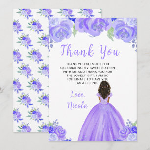 Carte De Remerciements Princesse à la peau foncée Fleurs violettes Sweet