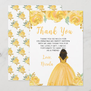 Carte De Remerciements Princesse à peau foncée Fleurs dorées Sweet Sixtee