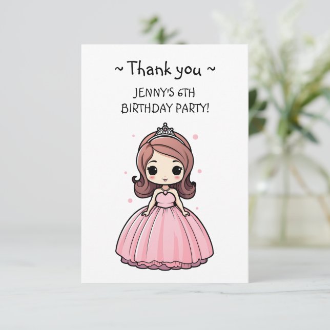 Carte De Remerciements Princesse Anniversaire Pink Gown mignon Cartoon (Debout devant)