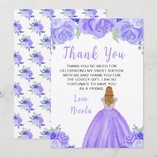 Carte De Remerciements Princesse aux Cheveux Blonds Sweet Sixteen Violet