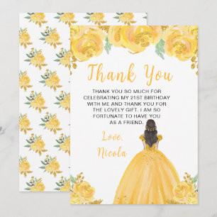 Carte De Remerciements Princesse aux Cheveux Bruns Fleurs Florales Dorées