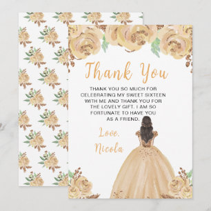 Carte De Remerciements Princesse aux Cheveux Bruns Peach Floral Sweet Sei