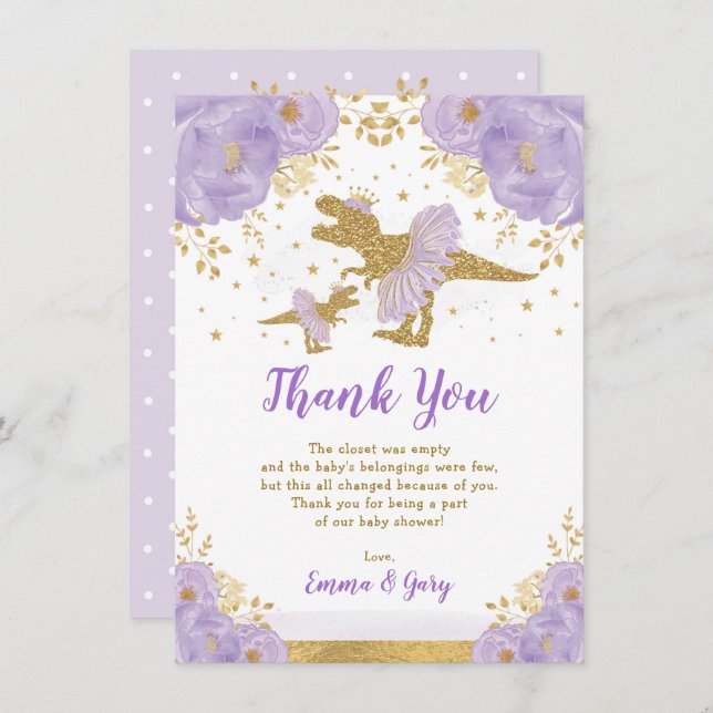 Carte De Remerciements Princesse d'or violet Dinosaur Tutu Tiara Baby Gir (Devant / Derrière)