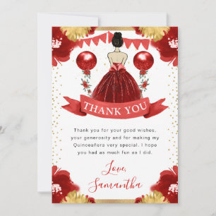 Carte De Remerciements Princesse Quinceanera aux cheveux bruns en robe ro