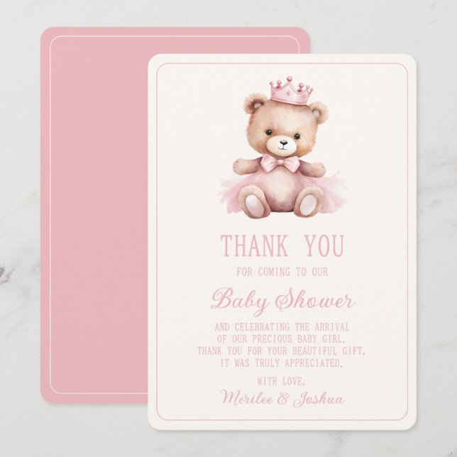 Carte De Remerciements Princesse rose ours Bébé Baby shower fille (Devant / Derrière)