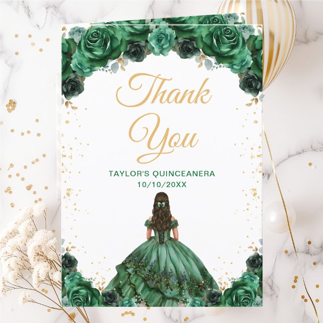 Carte De Remerciements Princesse Vert foncé Floral Quinceañera (Créateur téléchargé)