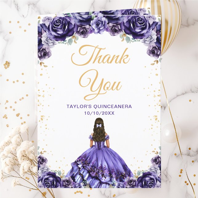 Carte De Remerciements Princesse violette foncée Floral Quinceañera (Créateur téléchargé)