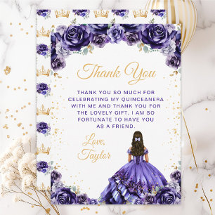 Carte De Remerciements Princesse violette foncée Floral Quinceañera