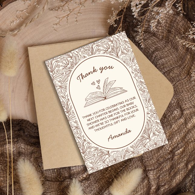 Carte De Remerciements Prochain chapitre Livre Fleur floral Salle de fête (Next Chapter Book Floral Brown Bridal Shower Thank You Card)