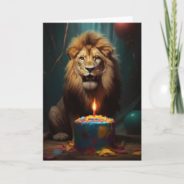 Carte De Remerciements Puissant Lion avec un gâteau d'anniversaire (Devant)
