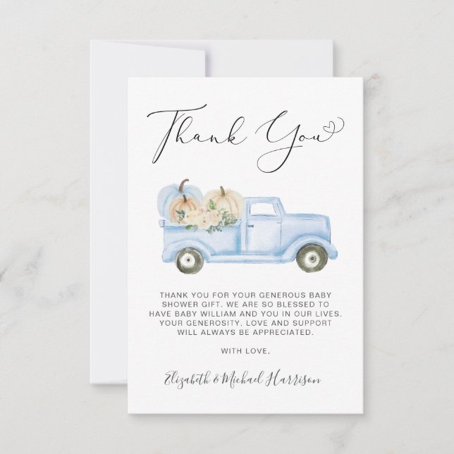 Carte De Remerciements Pumpkin Blue Truck Baby Boy Shower Thank You Card (Devant)