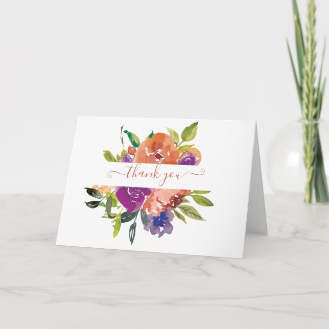 Carte De Remerciements Purple and orange watercolor floral personalized (Devant)