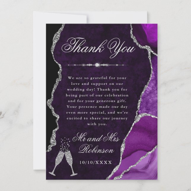 Carte De Remerciements Purple and Silver Glitter Agate & Marble Wedding (Devant)