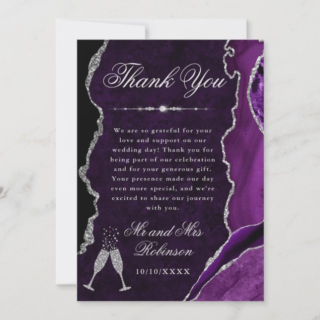Carte De Remerciements Purple and Silver Glitter Agate & Marble Wedding (Devant)