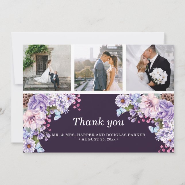 Carte De Remerciements Purple Aquarelle Mariage Photo Collage (Devant)