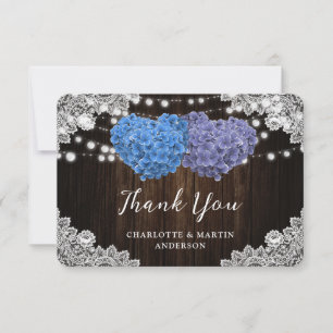 Carte De Remerciements Purple Blue Floral Heart Mariage dentelle en bois