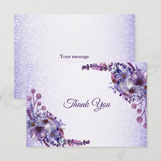 Carte De Remerciements Purple Blue Pink Floral Glitter Elegant Wedding (Devant / Derrière)