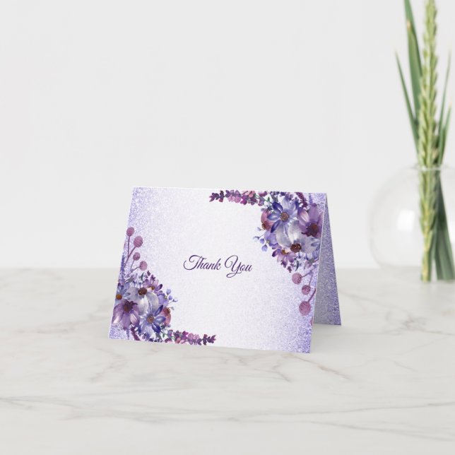 Carte De Remerciements Purple Blue Pink Floral Glitter Elegant Wedding (Devant)