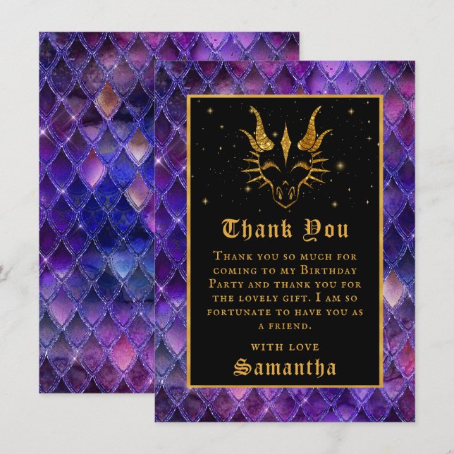 Carte De Remerciements Purple Dragon Scales Gold Faux Parties scintillant (Devant / Derrière)
