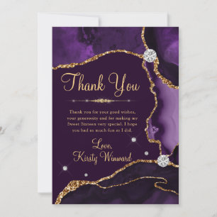 Carte De Remerciements Purple et Or Faux Paillettes Agate Sweet 16
