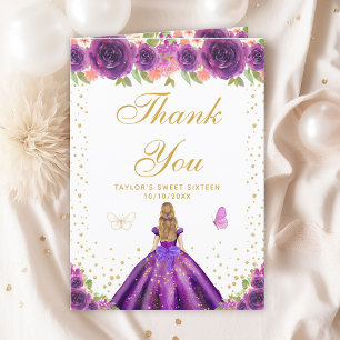 Carte De Remerciements Purple Floral Blonde cheveux fille Sweet sixteen