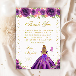 Carte De Remerciements Purple Floral Blonde Cheveux Princess Anniversaire
