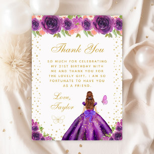 Carte De Remerciements Purple Floral Brown Cheveux Princess Anniversaire
