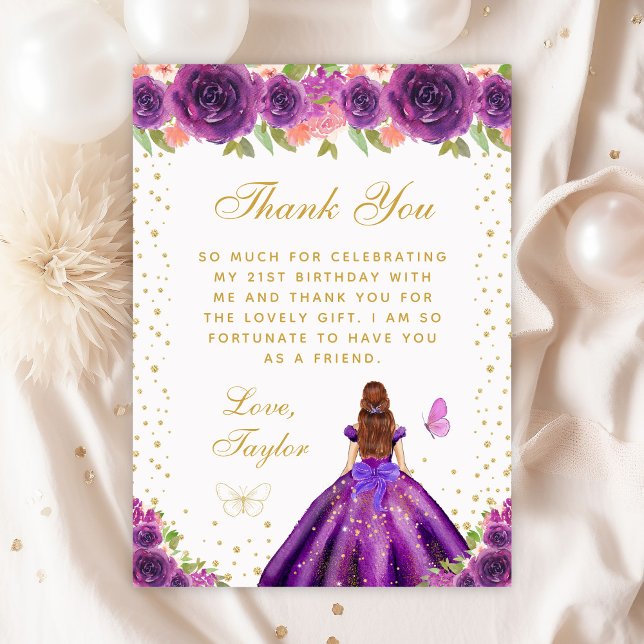 Carte De Remerciements Purple Floral Brown Cheveux Princess Anniversaire (Créateur téléchargé)