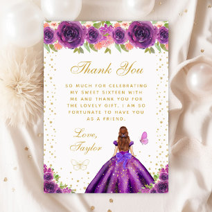Carte De Remerciements Purple Floral Brown cheveux Princess Sweet sixteen