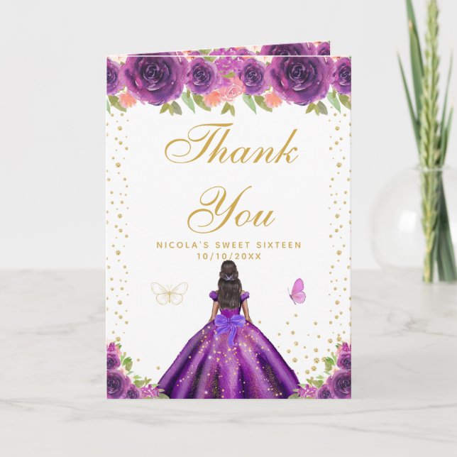 Carte De Remerciements Purple Floral Dark Skin Girl Sweet Sixteen (Devant)
