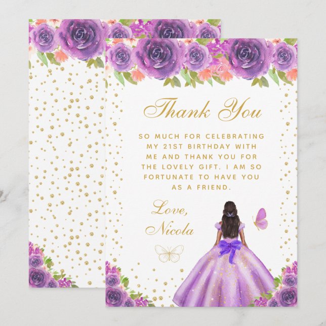 Carte De Remerciements Purple Floral Dark Skin Princess Birthday Party (Devant / Derrière)