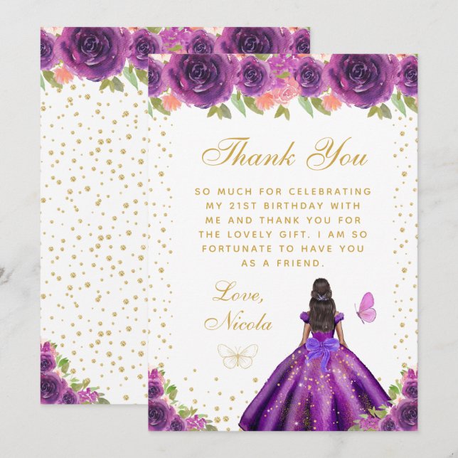Carte De Remerciements Purple Floral Dark Skin Princess Birthday Party (Devant / Derrière)