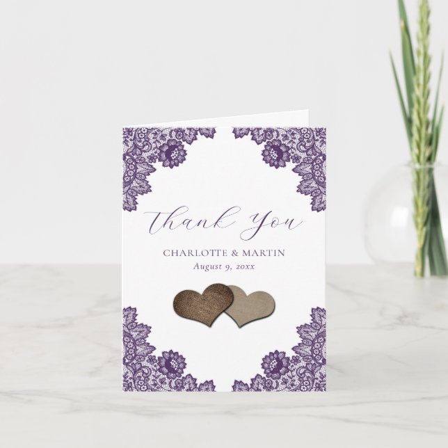 Carte De Remerciements Purple Floral Lace Burlap Hearts Rustic Wedding (Devant)