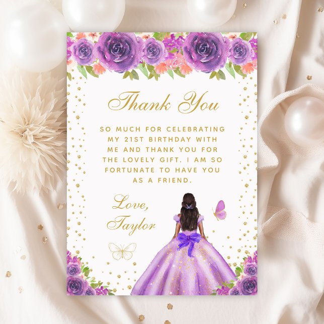Carte De Remerciements Purple Floral Peau foncée Princesse Anniversaire (Créateur téléchargé)