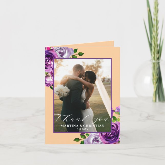 Carte De Remerciements Purple Floral Photo Wedding Folded  (Devant)