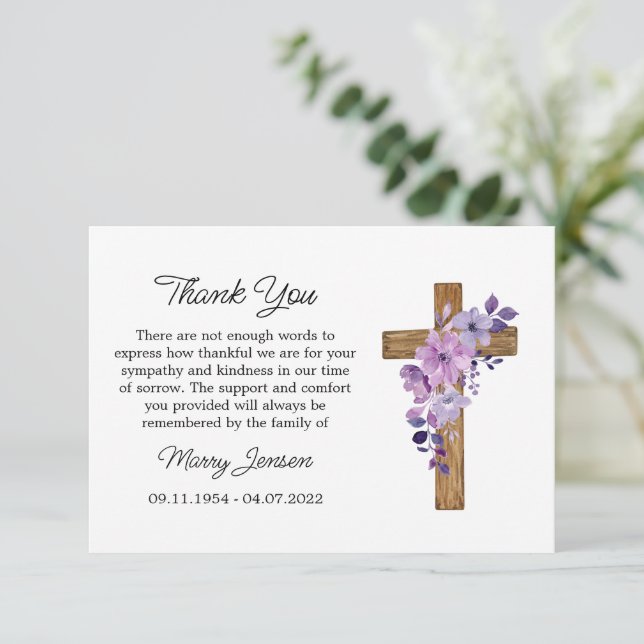 Carte De Remerciements Purple flower Cross Sympathy Thank You Card (Debout devant)