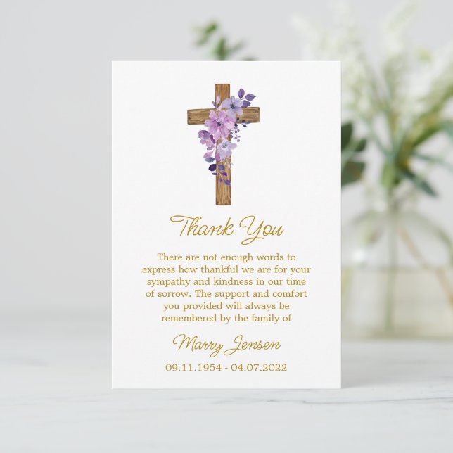 Carte De Remerciements Purple flower Cross Sympathy Thank You Card (Debout devant)
