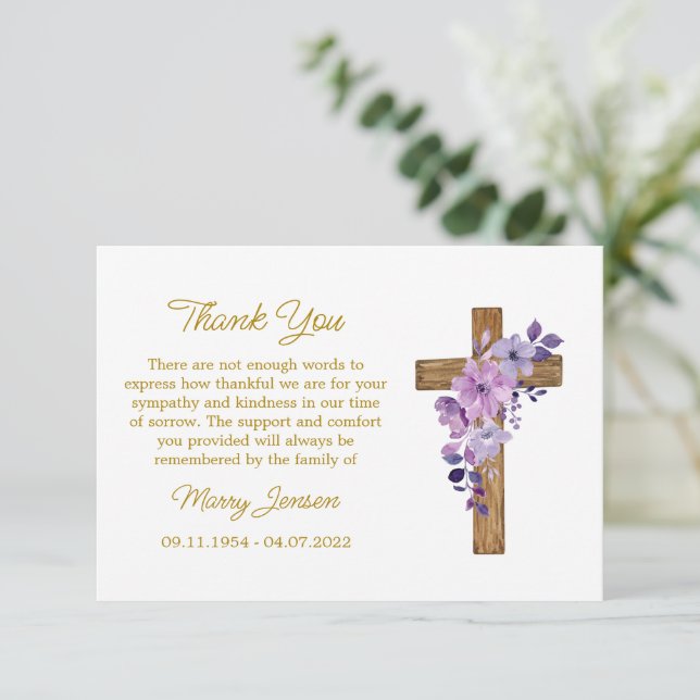 Carte De Remerciements Purple flower Cross Sympathy Thank You Card (Debout devant)
