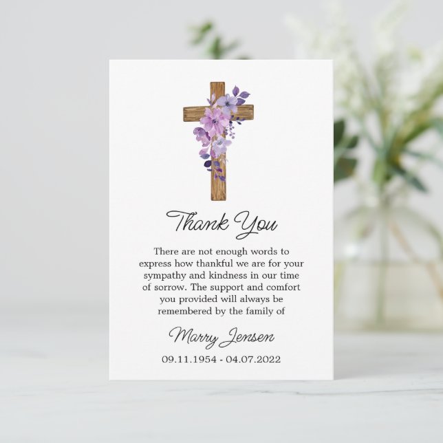 Carte De Remerciements Purple flower Cross Sympathy Thank You Card (Debout devant)
