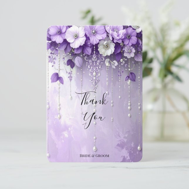 Carte De Remerciements Purple Flowers with Dangling Pearls Thank You Card (Debout devant)