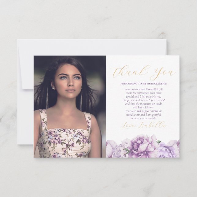 Carte De Remerciements Purple & Gold Elegant Floral Photo Quinceañera (Devant)