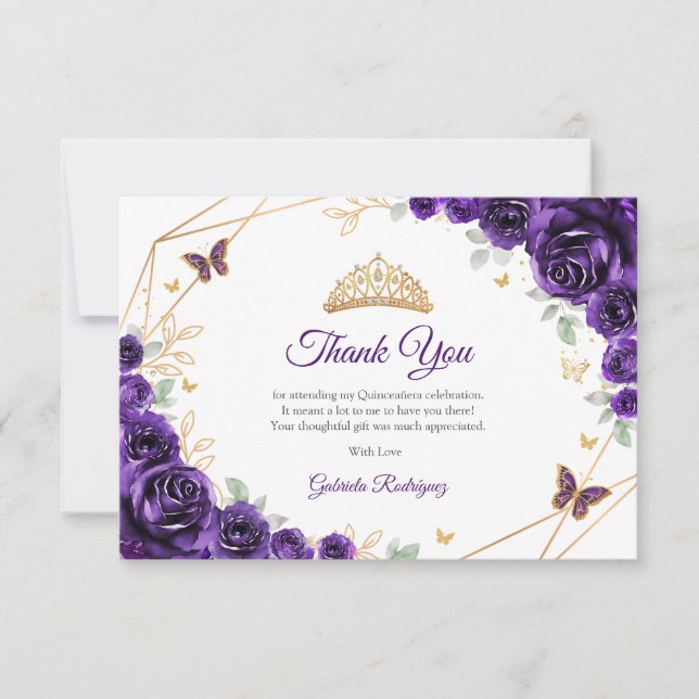 Carte De Remerciements Purple Gold Floral Quinceanera (Devant)
