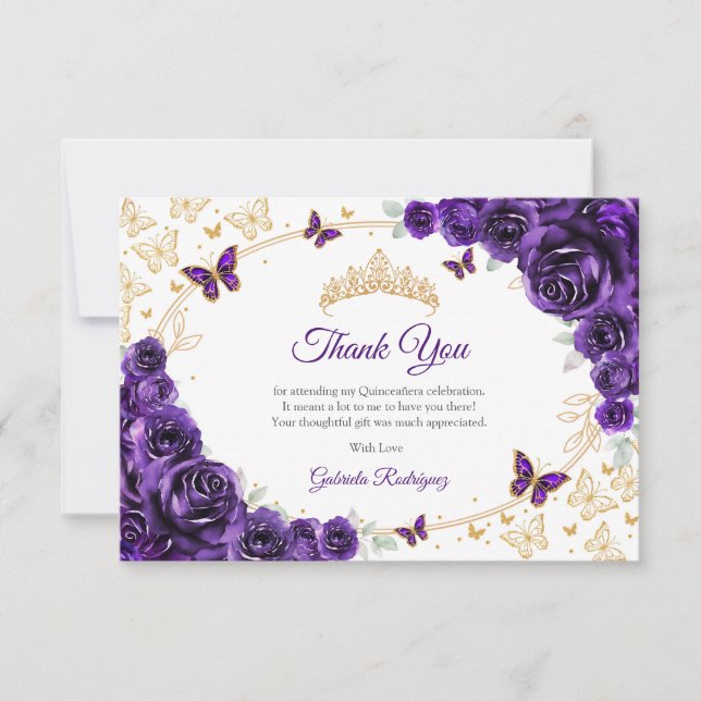 Carte De Remerciements Purple Gold Floral Quinceanera (Devant)